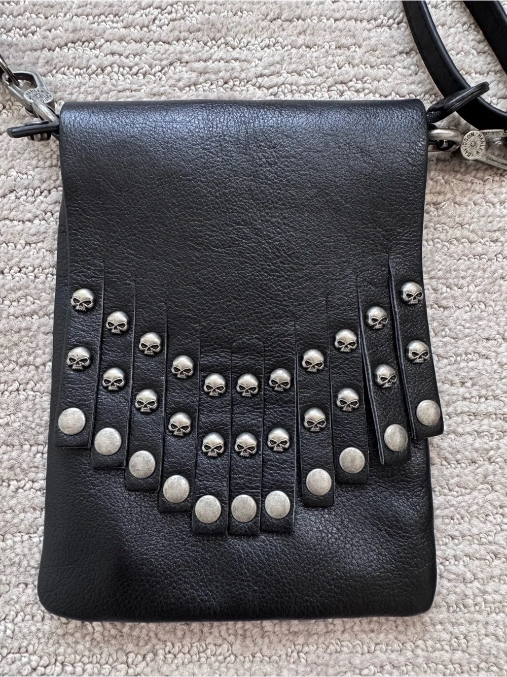 Harley-Davidson Black Leather Skull Fringe Crossbody 5x7” Bag Biker Gothic Rock